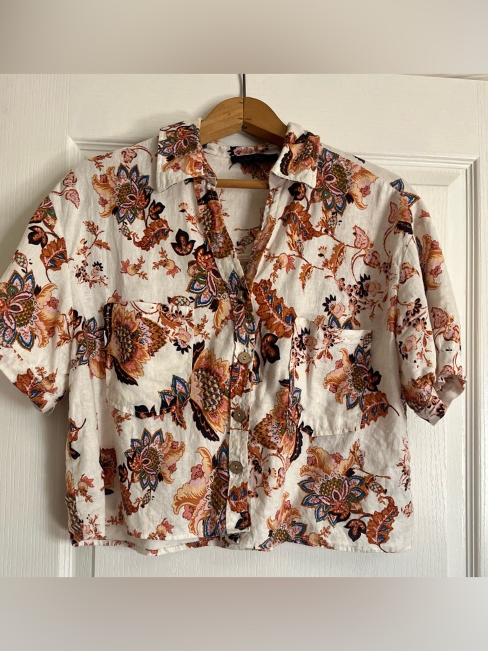 Rachel Roy  Linen Blend Cropped Button Up Blouse Floral Short Sleeve M